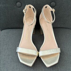 Stuart Weitzman Open-Toe Ankle-Strap Block Heels Gold